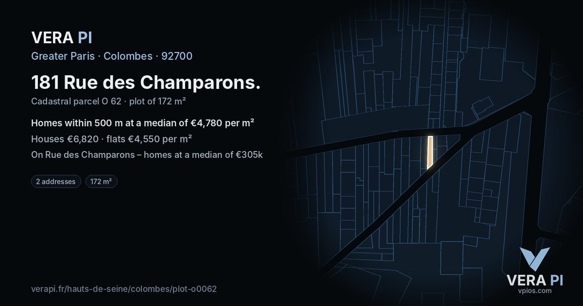 181 Rue des Champarons, Colombes at night – the plot lit, the parcels around coloured by the prices near them