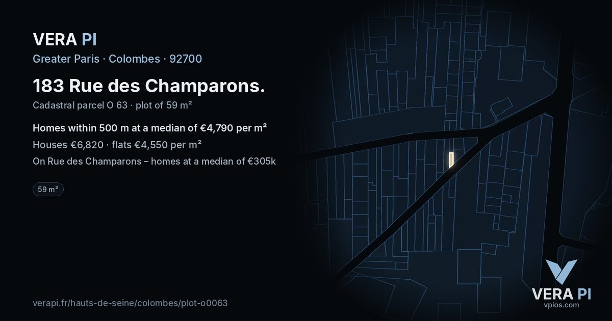 183 Rue des Champarons, Colombes at night – the plot lit, the parcels around coloured by the prices near them