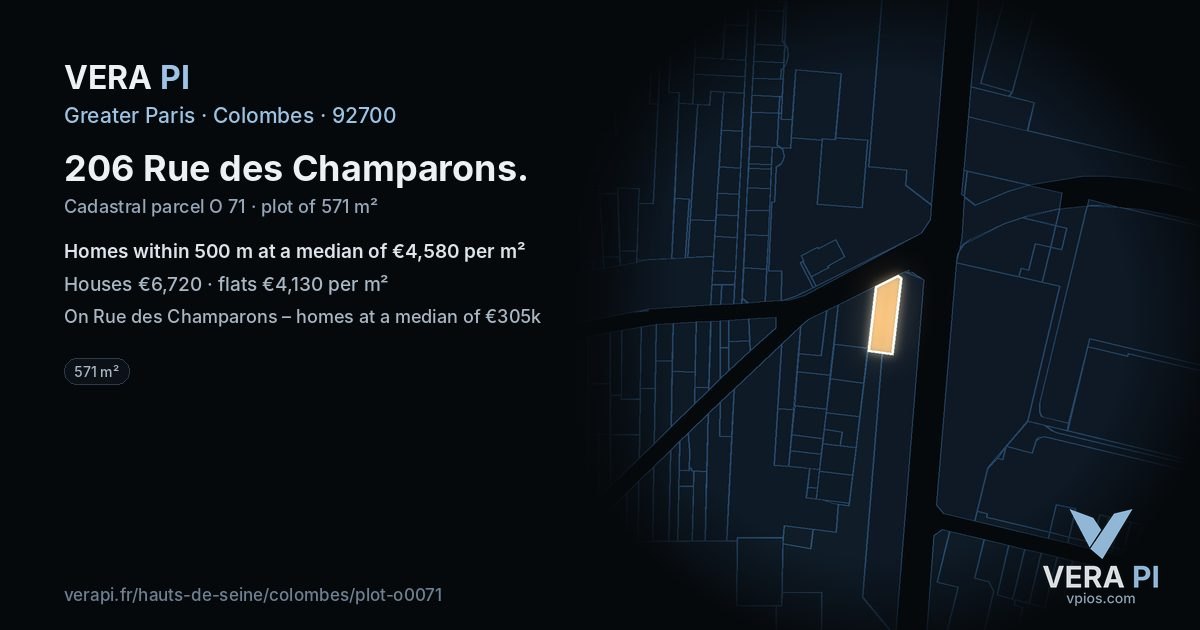 206 Rue des Champarons, Colombes at night – the plot lit, the parcels around coloured by the prices near them