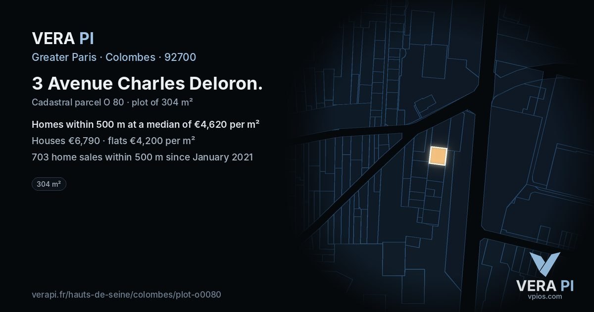 3 Avenue Charles Deloron, Colombes at night – the plot lit, the parcels around coloured by the prices near them