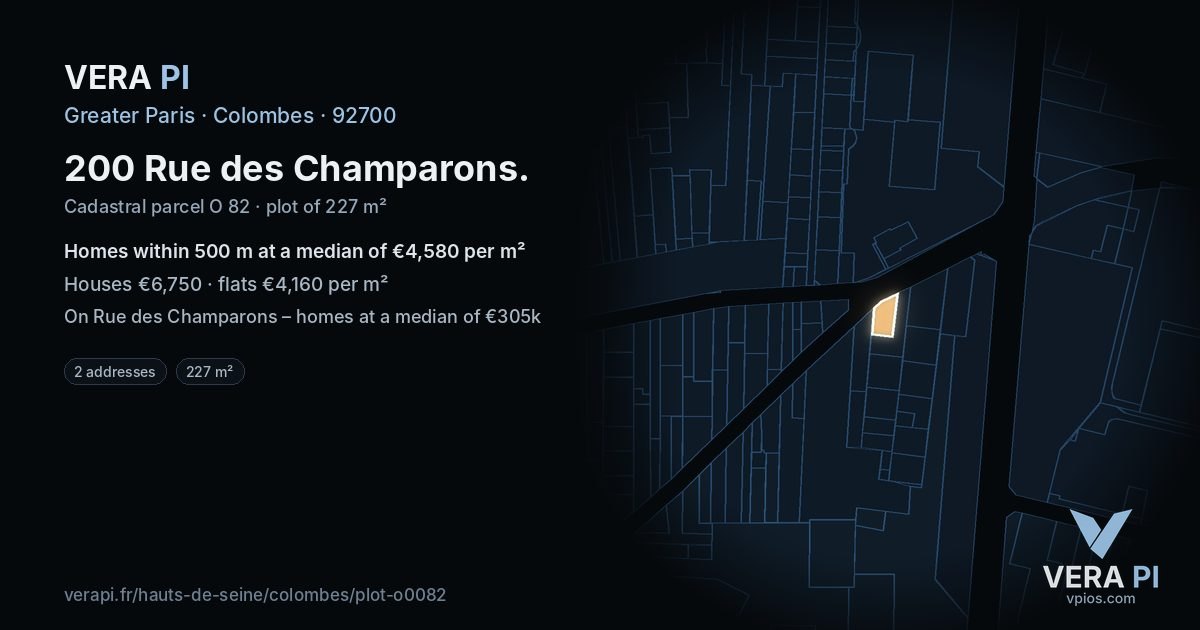 200 Rue des Champarons, Colombes at night – the plot lit, the parcels around coloured by the prices near them