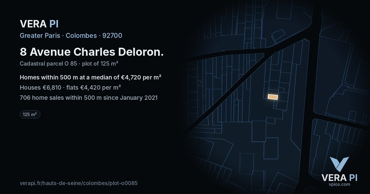 8 Avenue Charles Deloron, Colombes at night – the plot lit, the parcels around coloured by the prices near them