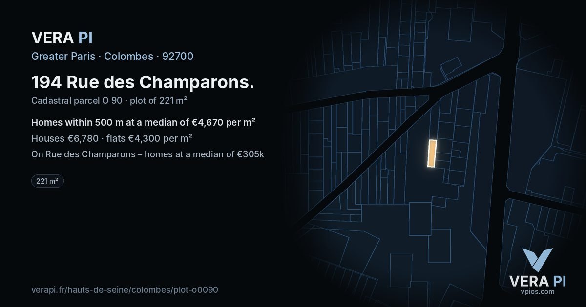 194 Rue des Champarons, Colombes at night – the plot lit, the parcels around coloured by the prices near them