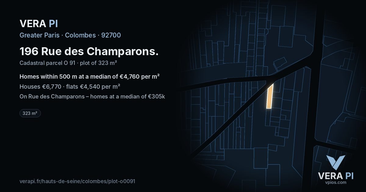 196 Rue des Champarons, Colombes at night – the plot lit, the parcels around coloured by the prices near them