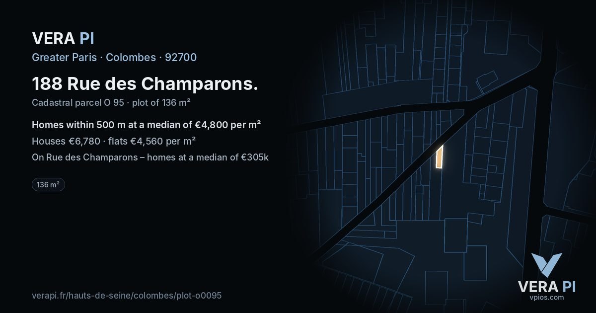 188 Rue des Champarons, Colombes at night – the plot lit, the parcels around coloured by the prices near them