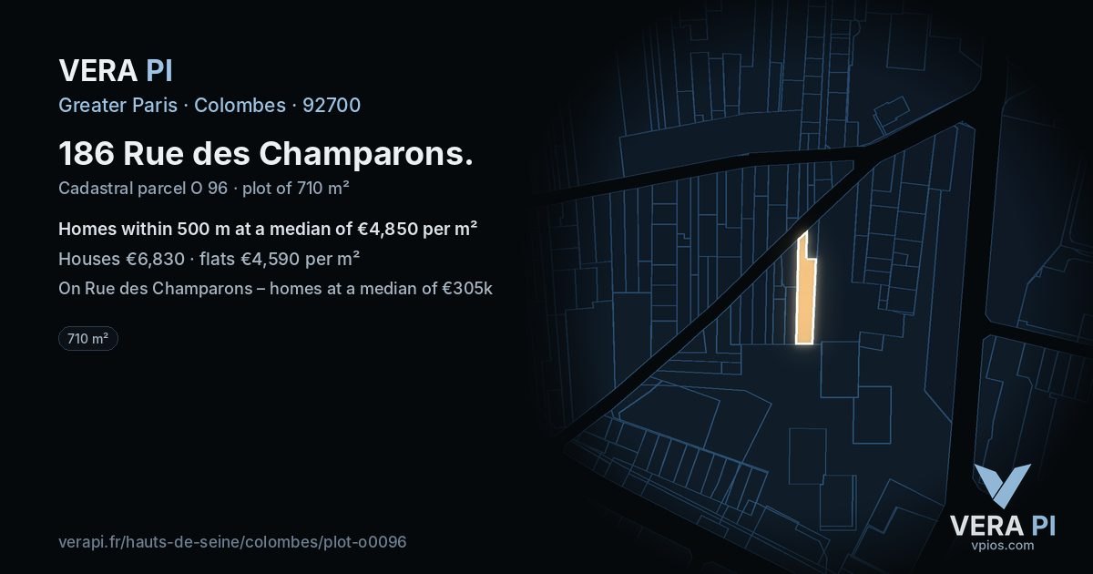 186 Rue des Champarons, Colombes at night – the plot lit, the parcels around coloured by the prices near them