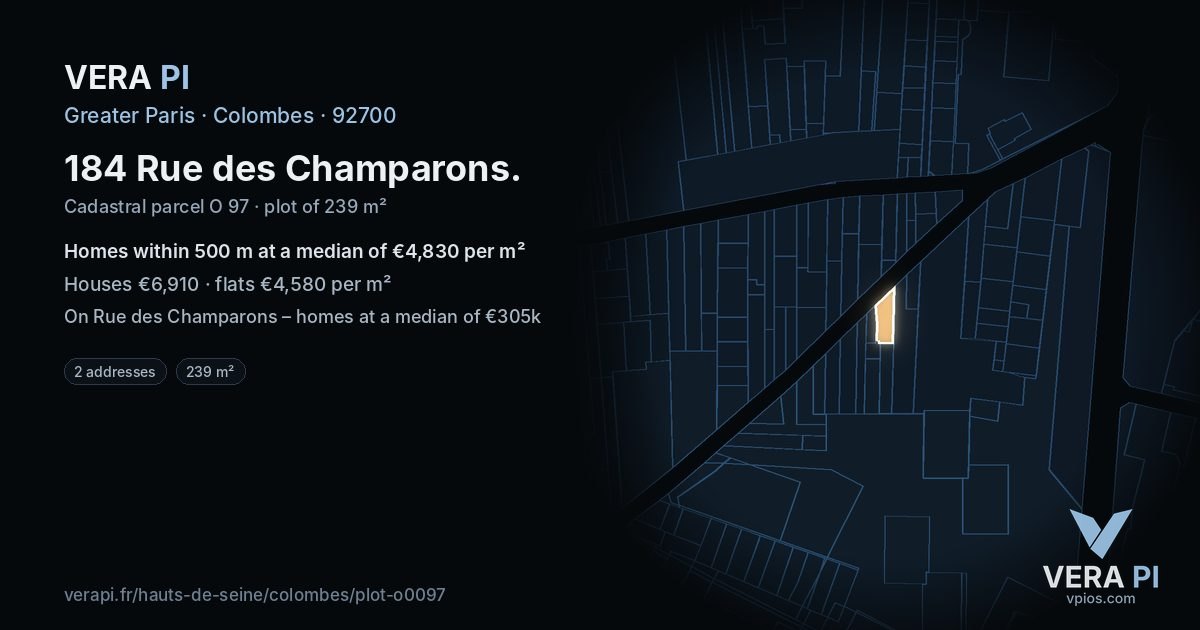 184 Rue des Champarons, Colombes at night – the plot lit, the parcels around coloured by the prices near them