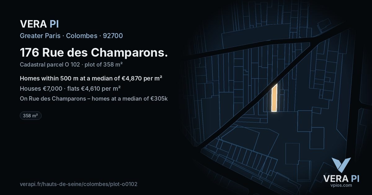 176 Rue des Champarons, Colombes at night – the plot lit, the parcels around coloured by the prices near them