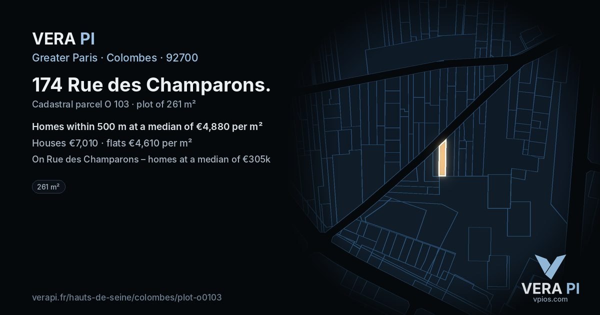 174 Rue des Champarons, Colombes at night – the plot lit, the parcels around coloured by the prices near them