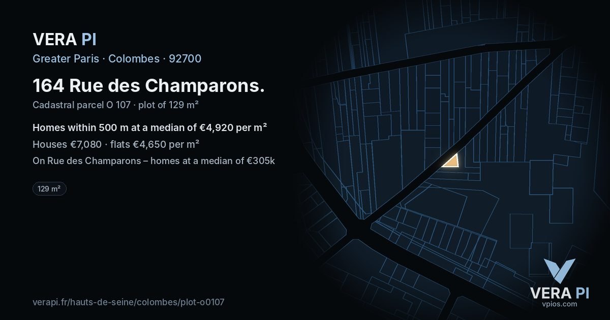 164 Rue des Champarons, Colombes at night – the plot lit, the parcels around coloured by the prices near them