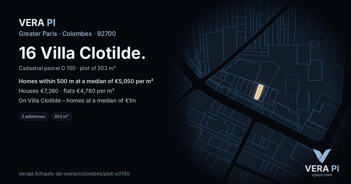 16 Villa Clotilde, Colombes at night – the plot lit, the parcels around coloured by the prices near them