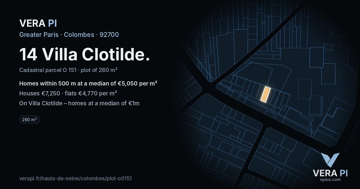 14 Villa Clotilde, Colombes at night – the plot lit, the parcels around coloured by the prices near them