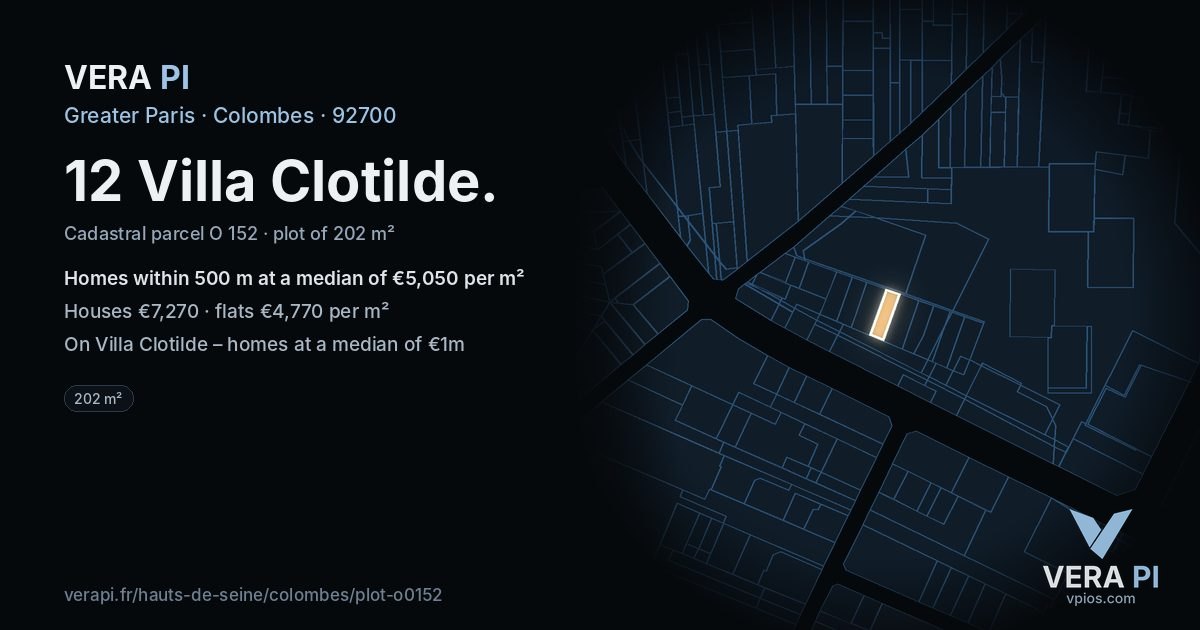 12 Villa Clotilde, Colombes at night – the plot lit, the parcels around coloured by the prices near them