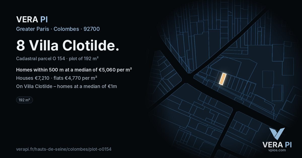 8 Villa Clotilde, Colombes at night – the plot lit, the parcels around coloured by the prices near them