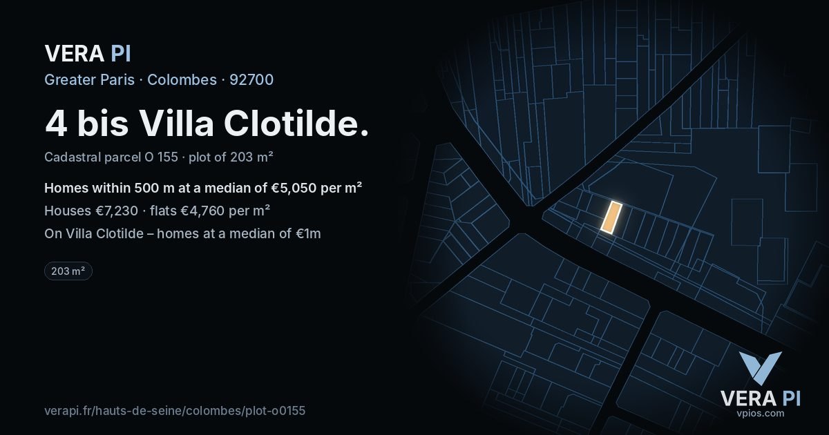 4 bis Villa Clotilde, Colombes at night – the plot lit, the parcels around coloured by the prices near them