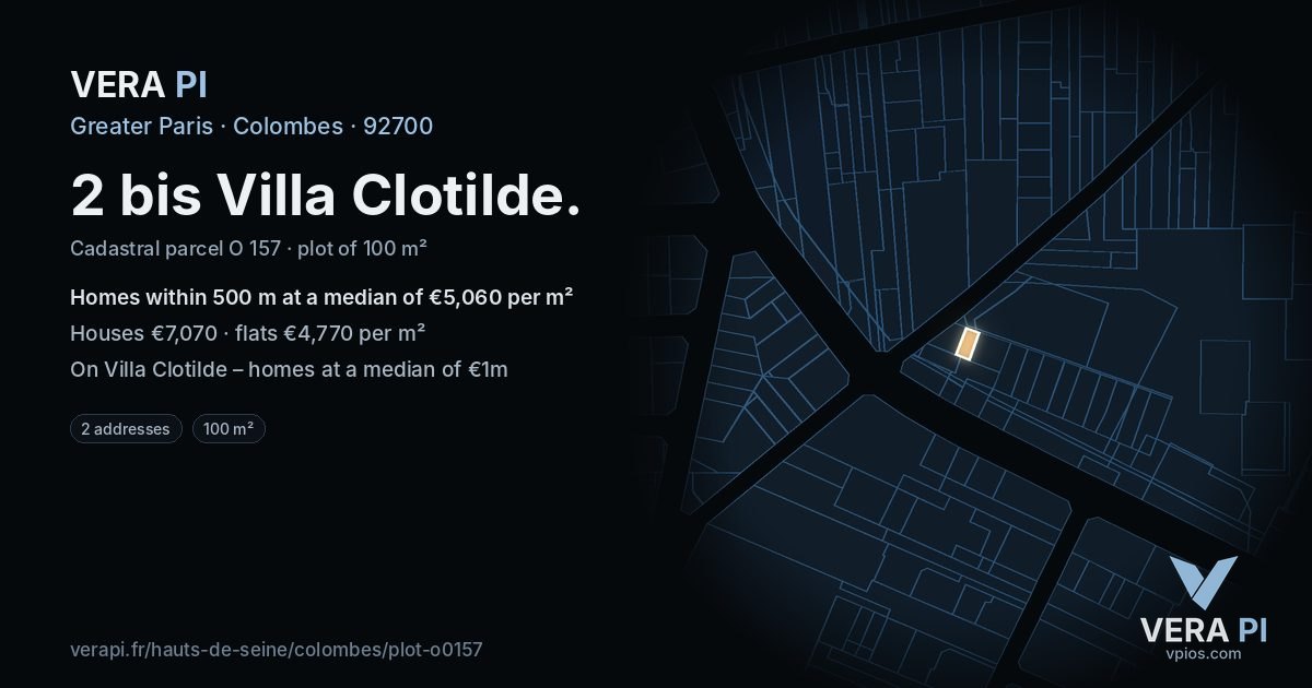 2 bis Villa Clotilde, Colombes at night – the plot lit, the parcels around coloured by the prices near them