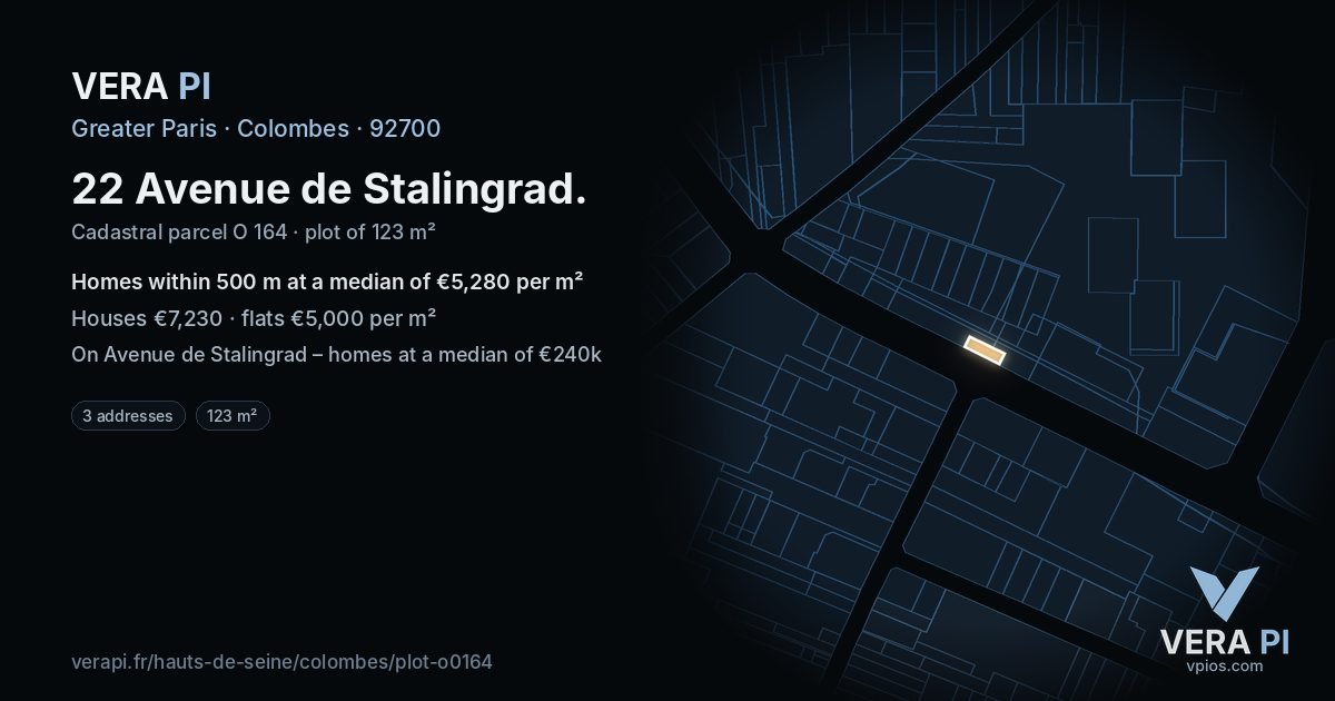 22 Avenue de Stalingrad, Colombes at night – the plot lit, the parcels around coloured by the prices near them