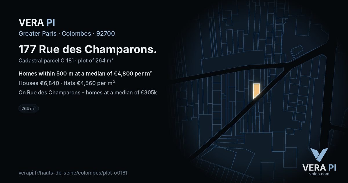 177 Rue des Champarons, Colombes at night – the plot lit, the parcels around coloured by the prices near them