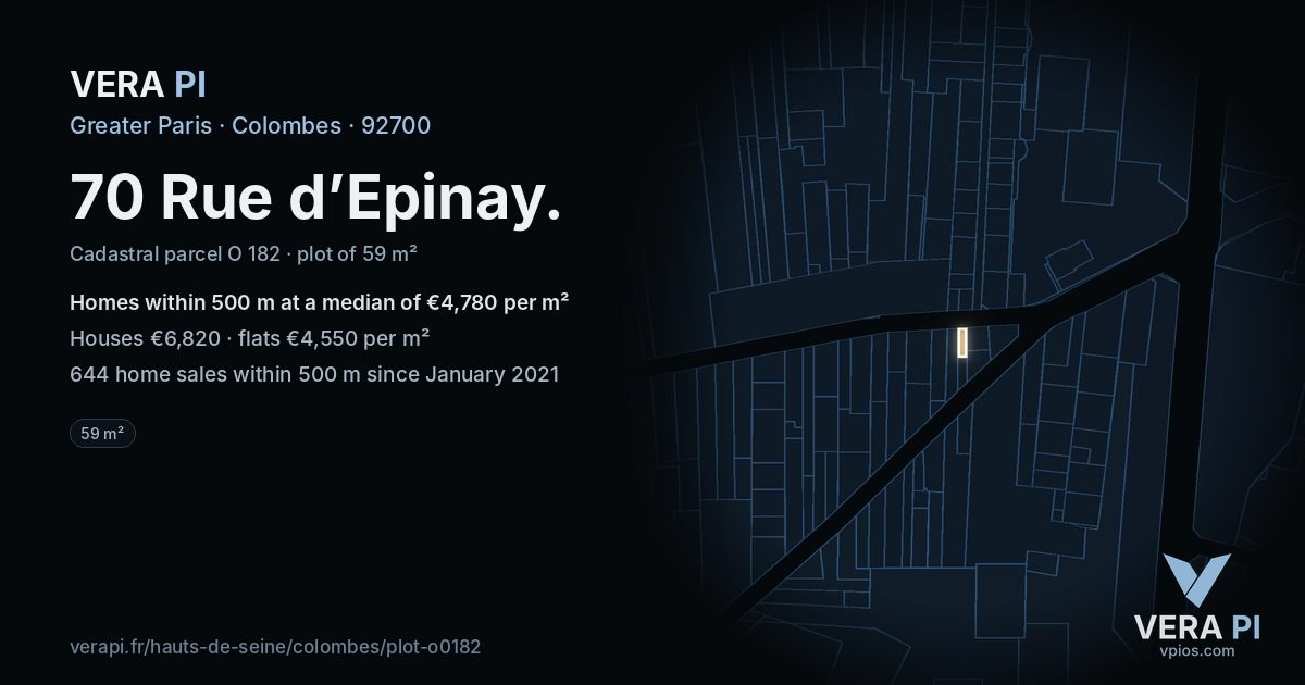 70 Rue d’Epinay, Colombes at night – the plot lit, the parcels around coloured by the prices near them