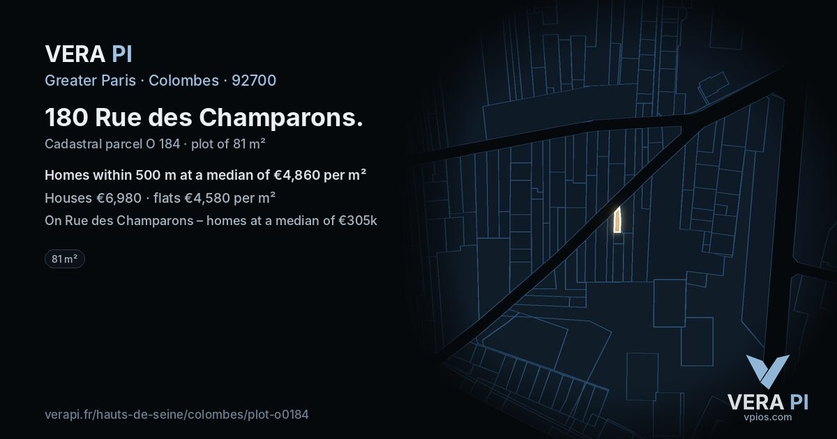 180 Rue des Champarons, Colombes at night – the plot lit, the parcels around coloured by the prices near them