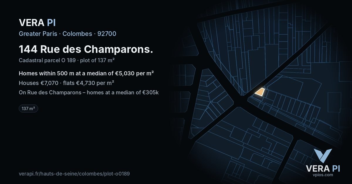 144 Rue des Champarons, Colombes at night – the plot lit, the parcels around coloured by the prices near them