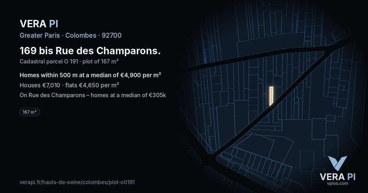 169 bis Rue des Champarons, Colombes at night – the plot lit, the parcels around coloured by the prices near them