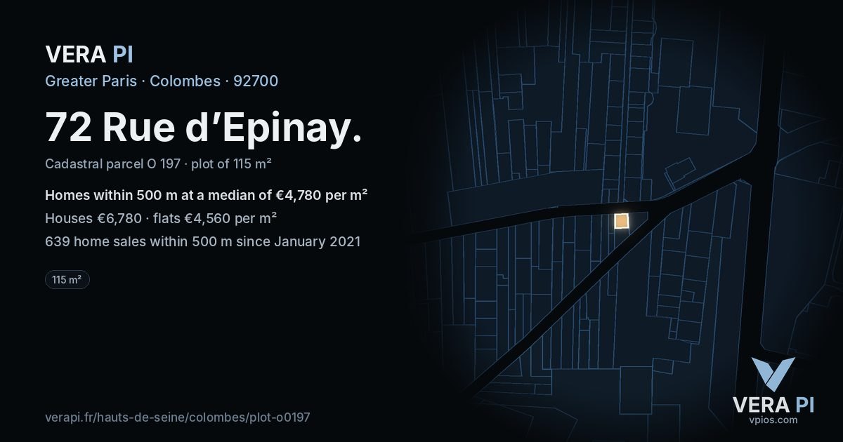 72 Rue d’Epinay, Colombes at night – the plot lit, the parcels around coloured by the prices near them