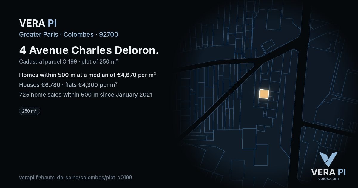 4 Avenue Charles Deloron, Colombes at night – the plot lit, the parcels around coloured by the prices near them