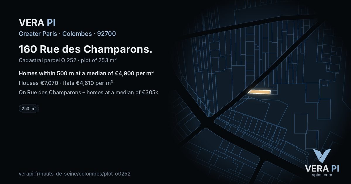 160 Rue des Champarons, Colombes at night – the plot lit, the parcels around coloured by the prices near them