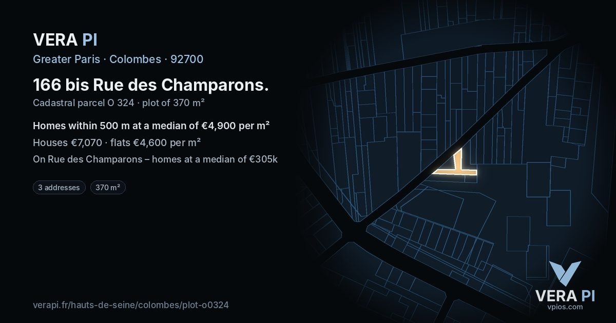 166 bis Rue des Champarons, Colombes at night – the plot lit, the parcels around coloured by the prices near them