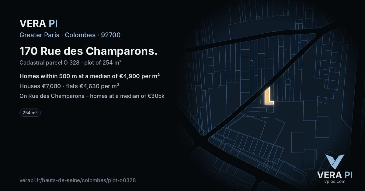 170 Rue des Champarons, Colombes at night – the plot lit, the parcels around coloured by the prices near them