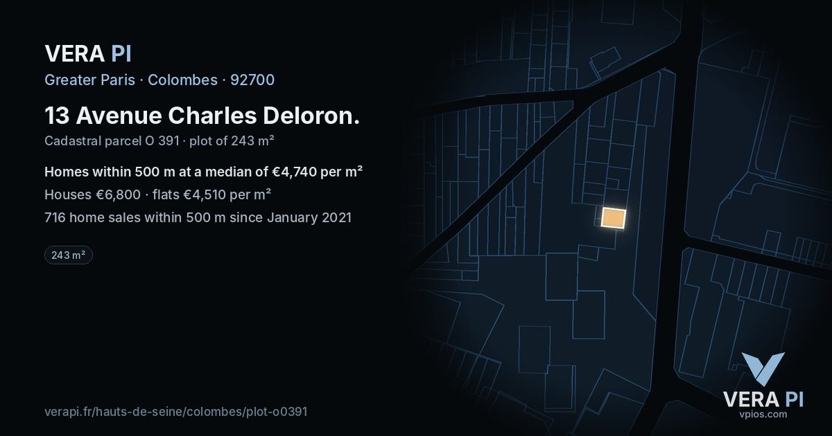 13 Avenue Charles Deloron, Colombes at night – the plot lit, the parcels around coloured by the prices near them