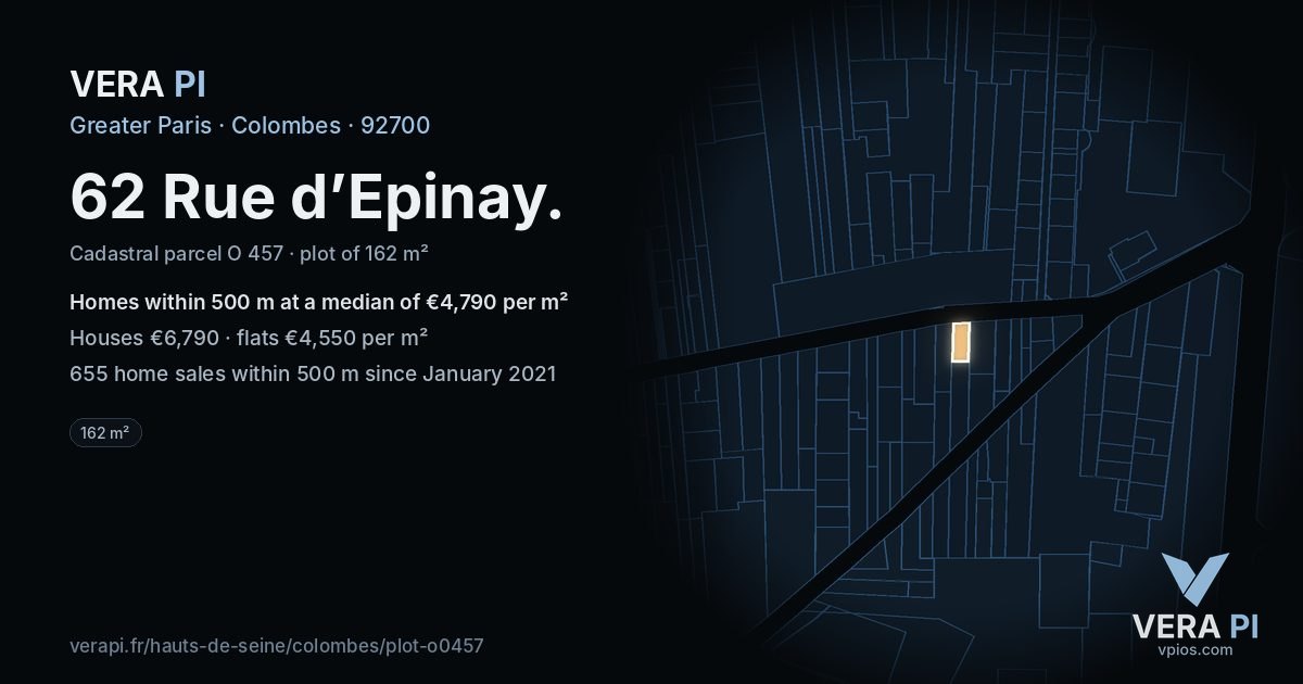 62 Rue d’Epinay, Colombes at night – the plot lit, the parcels around coloured by the prices near them
