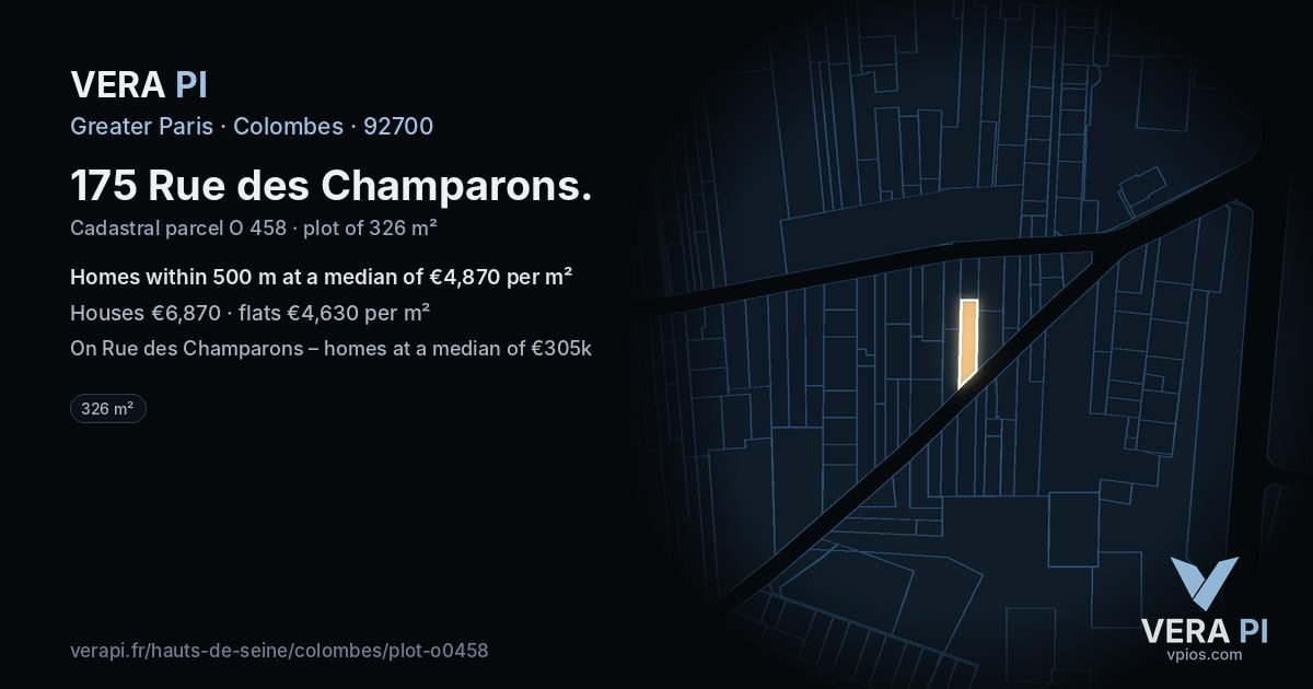 175 Rue des Champarons, Colombes at night – the plot lit, the parcels around coloured by the prices near them