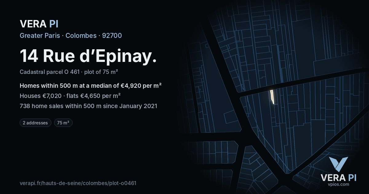 14 Rue d’Epinay, Colombes at night – the plot lit, the parcels around coloured by the prices near them