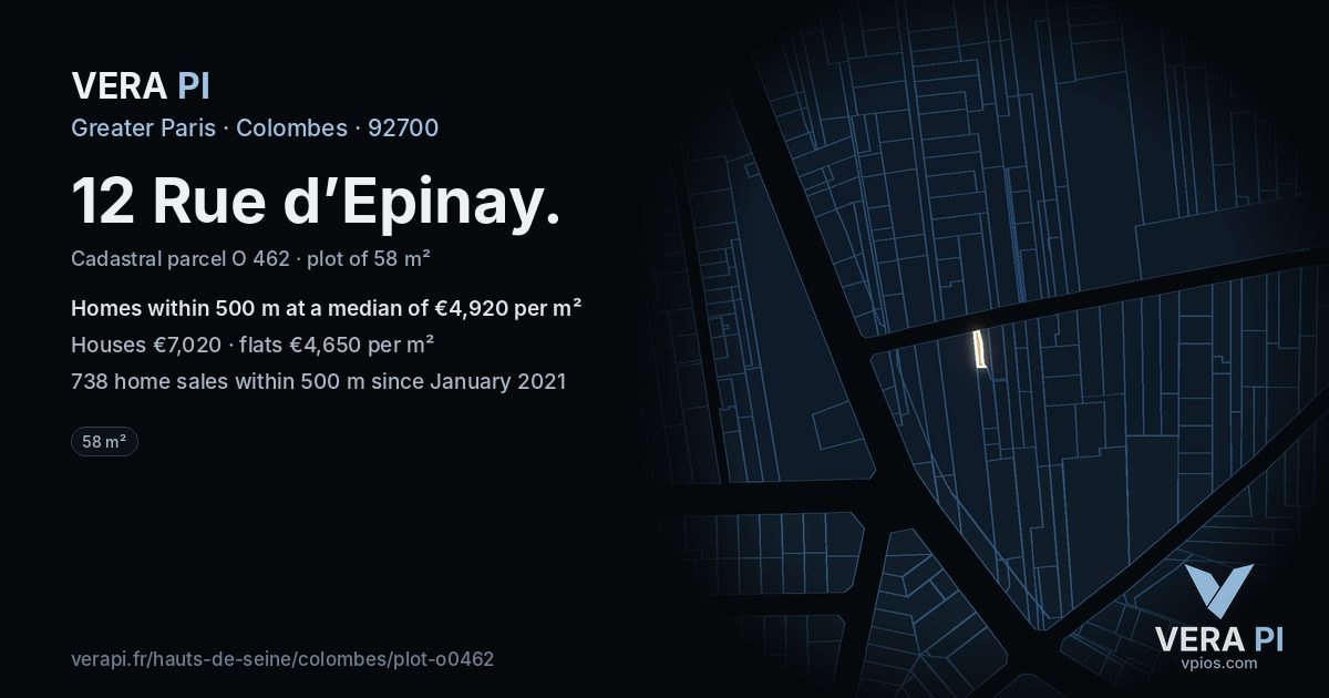 12 Rue d’Epinay, Colombes at night – the plot lit, the parcels around coloured by the prices near them