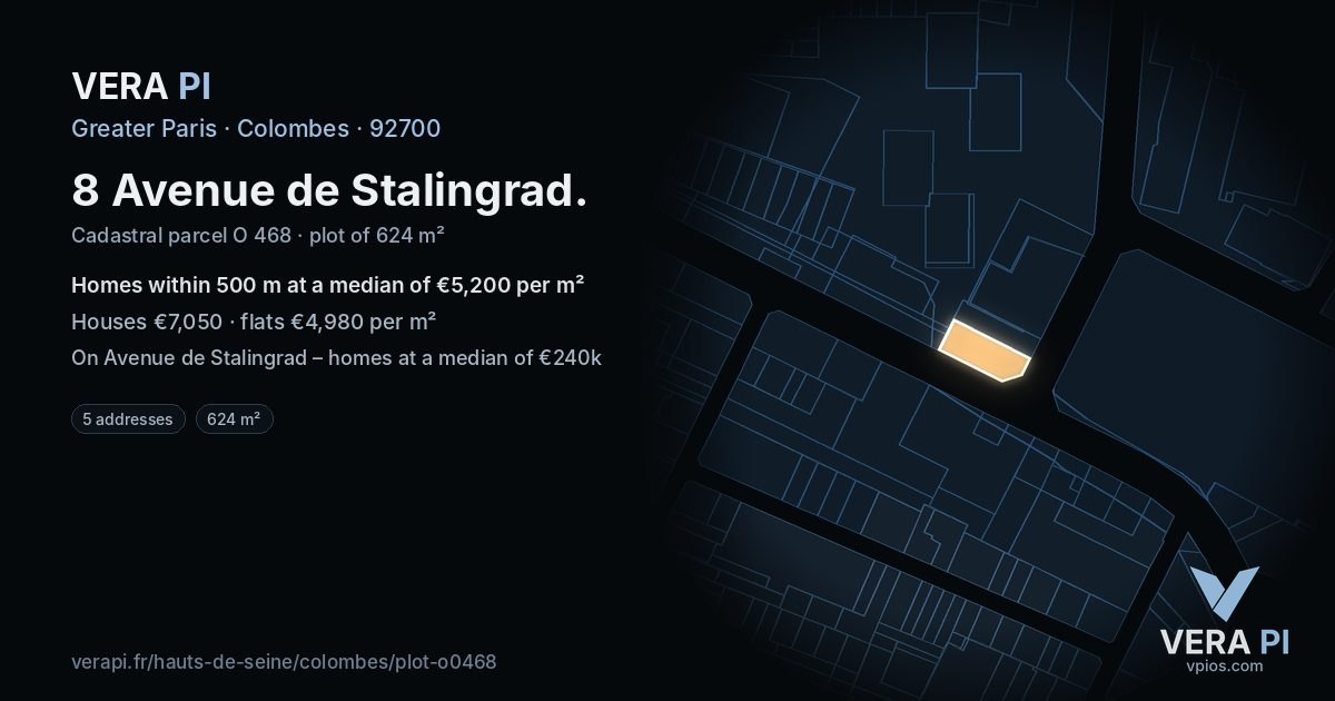 8 Avenue de Stalingrad, Colombes at night – the plot lit, the parcels around coloured by the prices near them