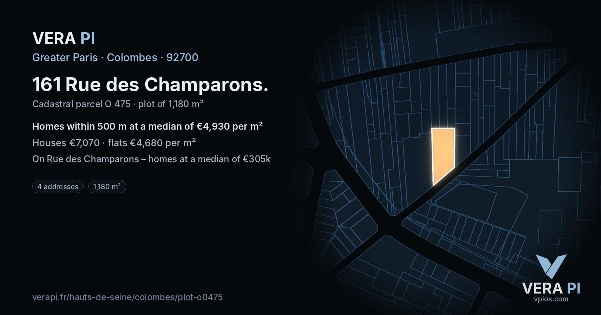 161 Rue des Champarons, Colombes at night – the plot lit, the parcels around coloured by the prices near them