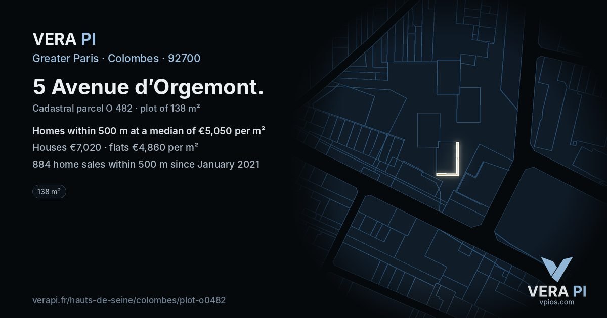 5 Avenue d’Orgemont, Colombes at night – the plot lit, the parcels around coloured by the prices near them