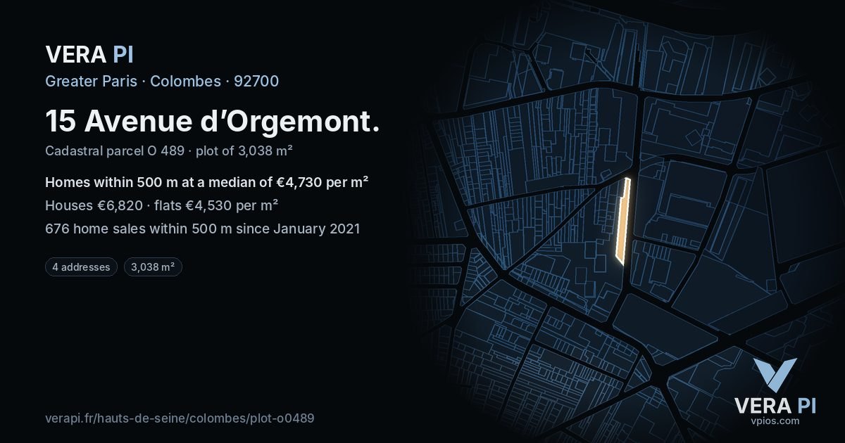 15 Avenue d’Orgemont, Colombes at night – the plot lit, the parcels around coloured by the prices near them