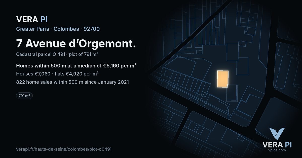 7 Avenue d’Orgemont, Colombes at night – the plot lit, the parcels around coloured by the prices near them