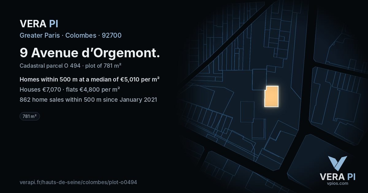 9 Avenue d’Orgemont, Colombes at night – the plot lit, the parcels around coloured by the prices near them