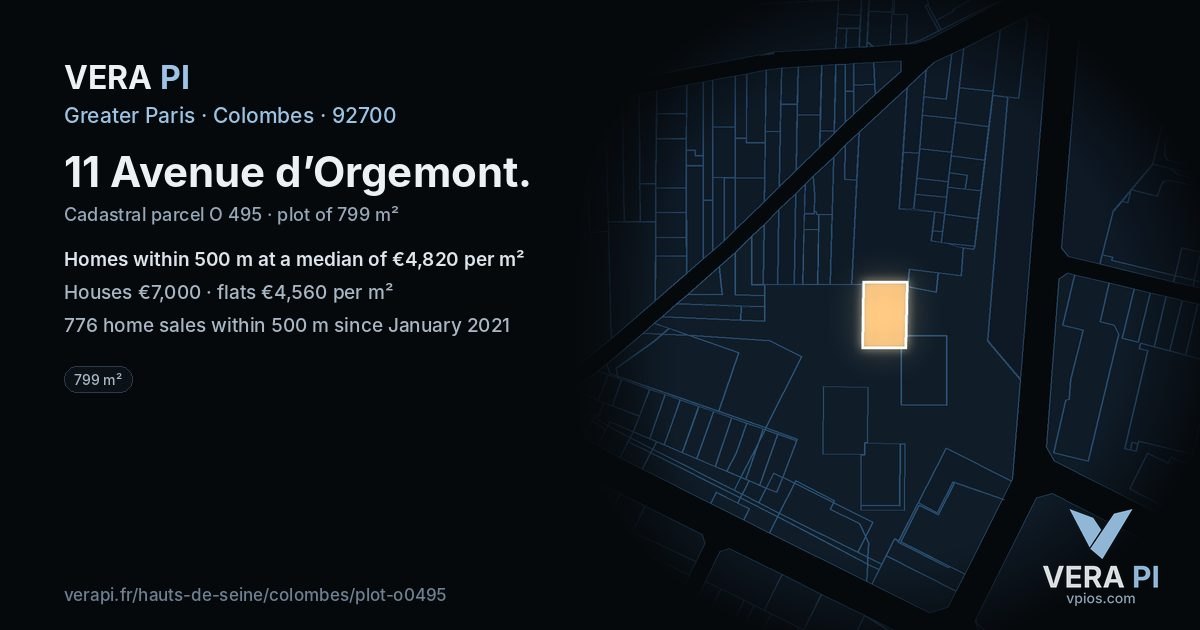 11 Avenue d’Orgemont, Colombes at night – the plot lit, the parcels around coloured by the prices near them
