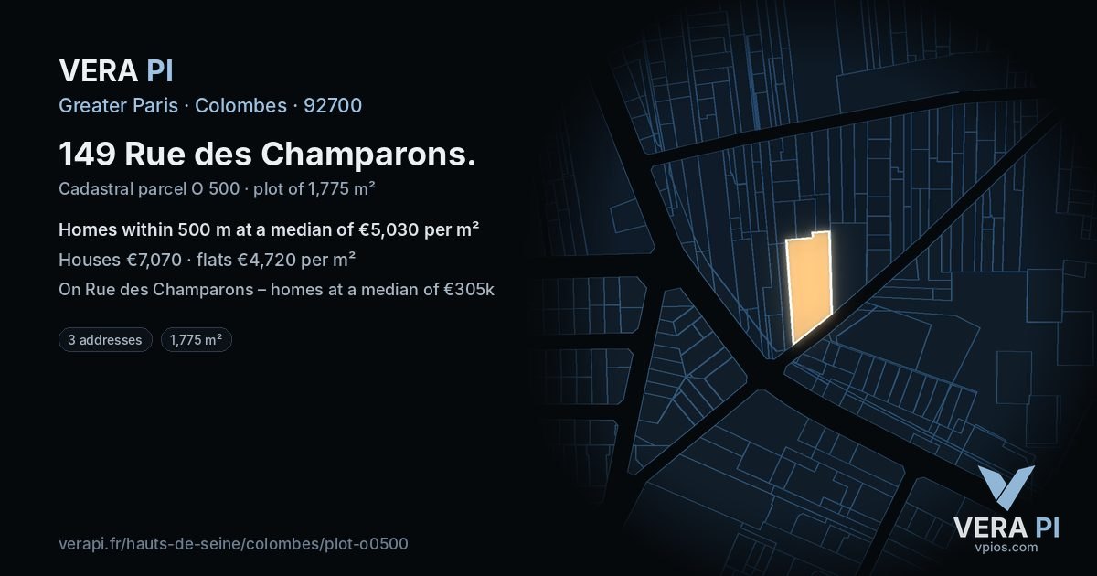 149 Rue des Champarons, Colombes at night – the plot lit, the parcels around coloured by the prices near them