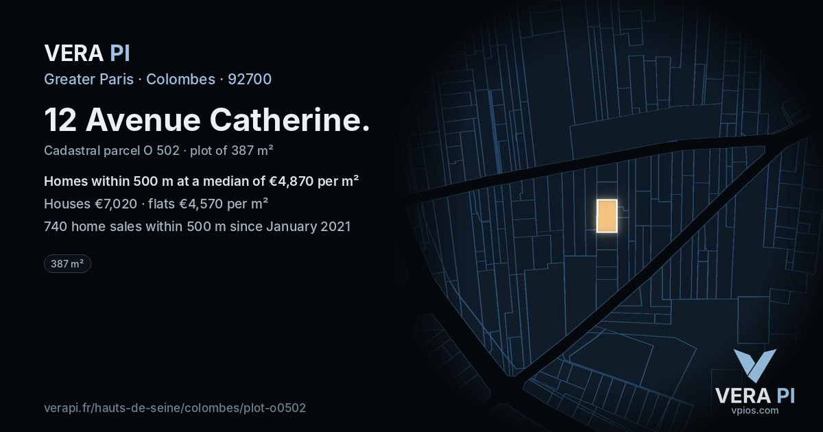 12 Avenue Catherine, Colombes at night – the plot lit, the parcels around coloured by the prices near them