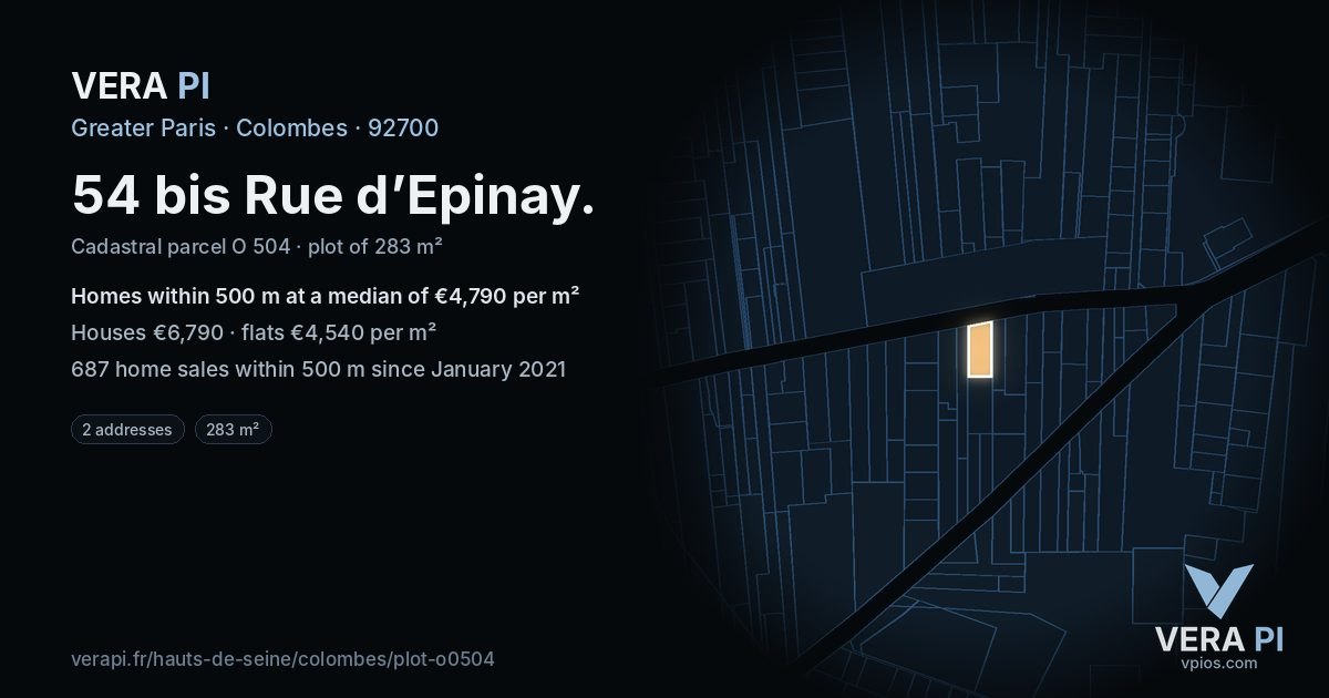 54 bis Rue d’Epinay, Colombes at night – the plot lit, the parcels around coloured by the prices near them
