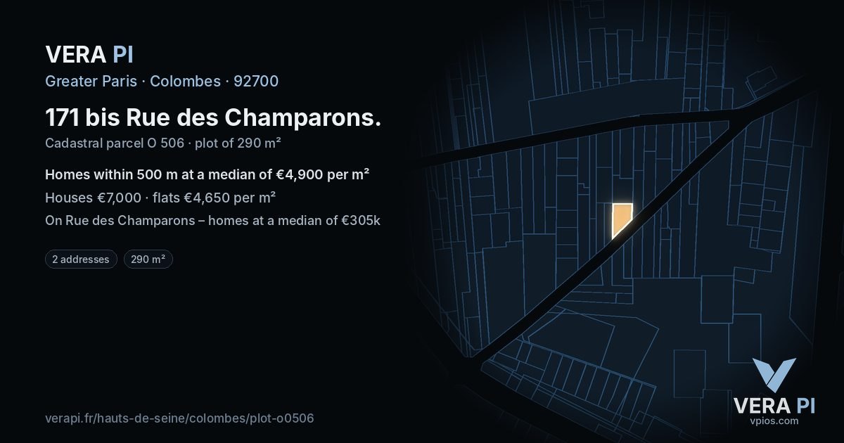 171 bis Rue des Champarons, Colombes at night – the plot lit, the parcels around coloured by the prices near them