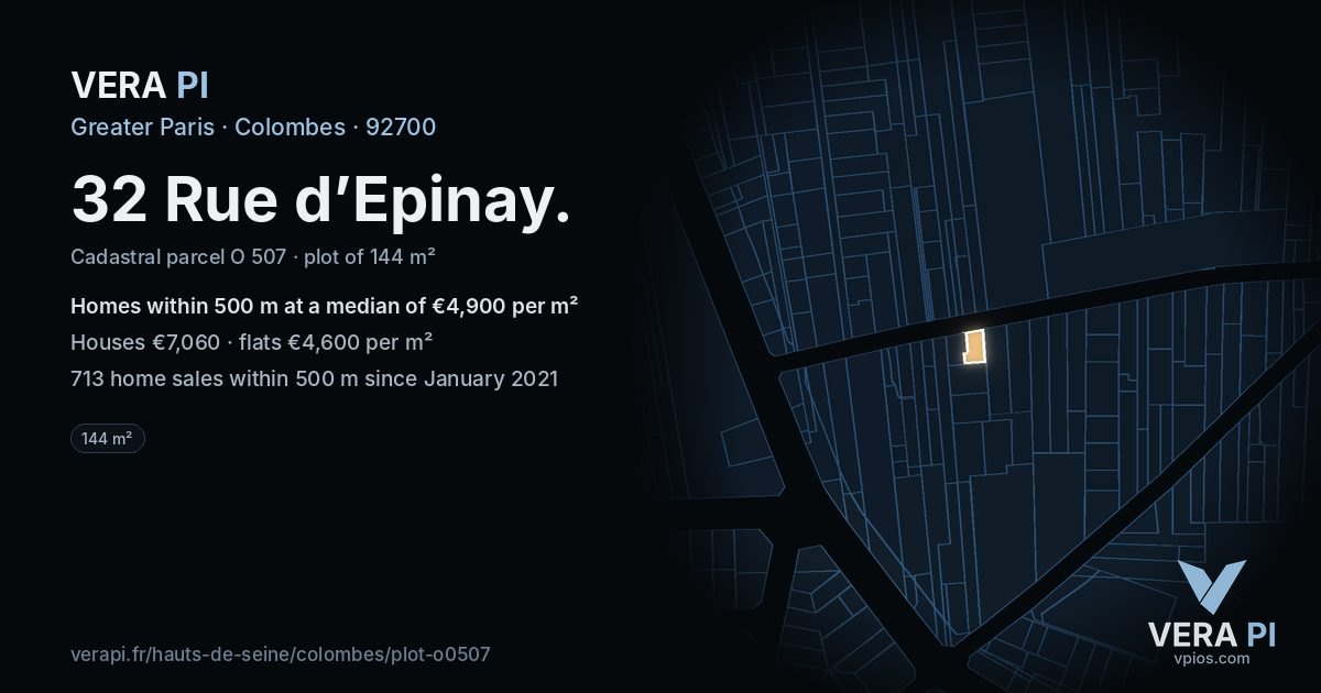 32 Rue d’Epinay, Colombes at night – the plot lit, the parcels around coloured by the prices near them