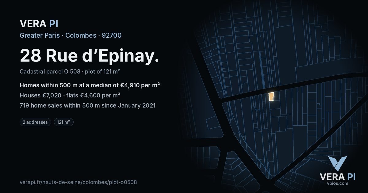 28 Rue d’Epinay, Colombes at night – the plot lit, the parcels around coloured by the prices near them