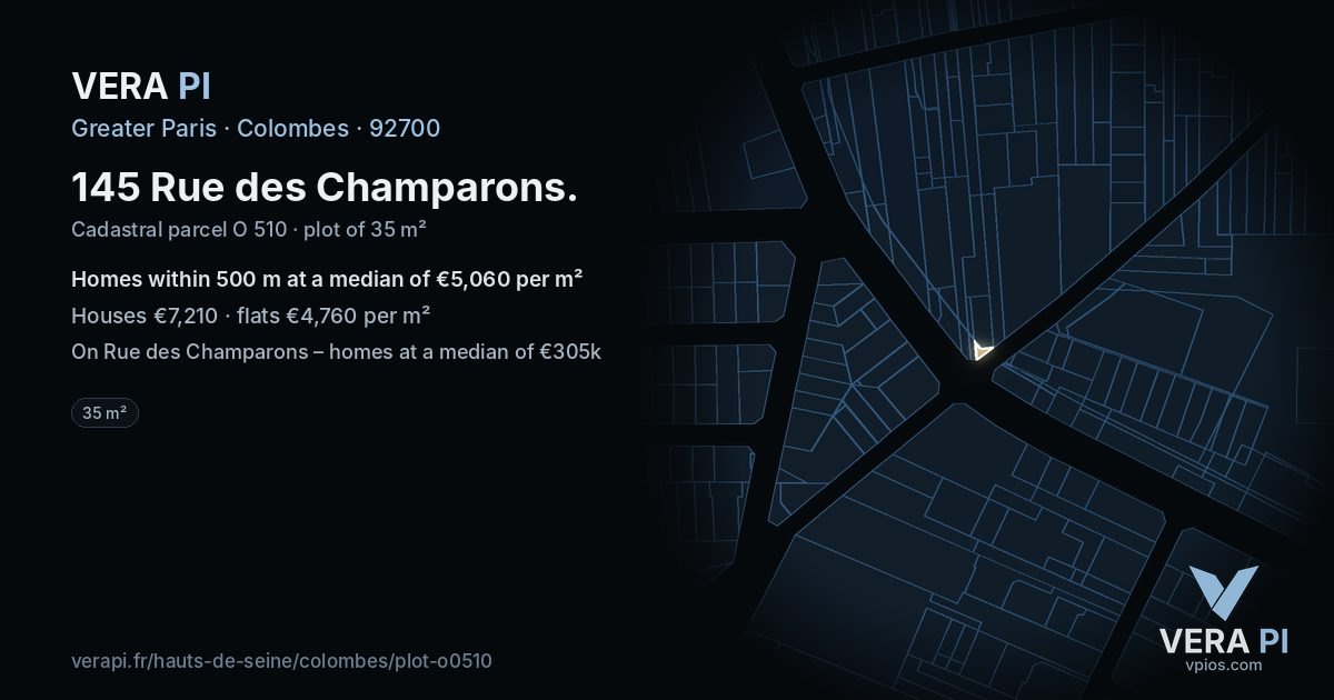 145 Rue des Champarons, Colombes at night – the plot lit, the parcels around coloured by the prices near them